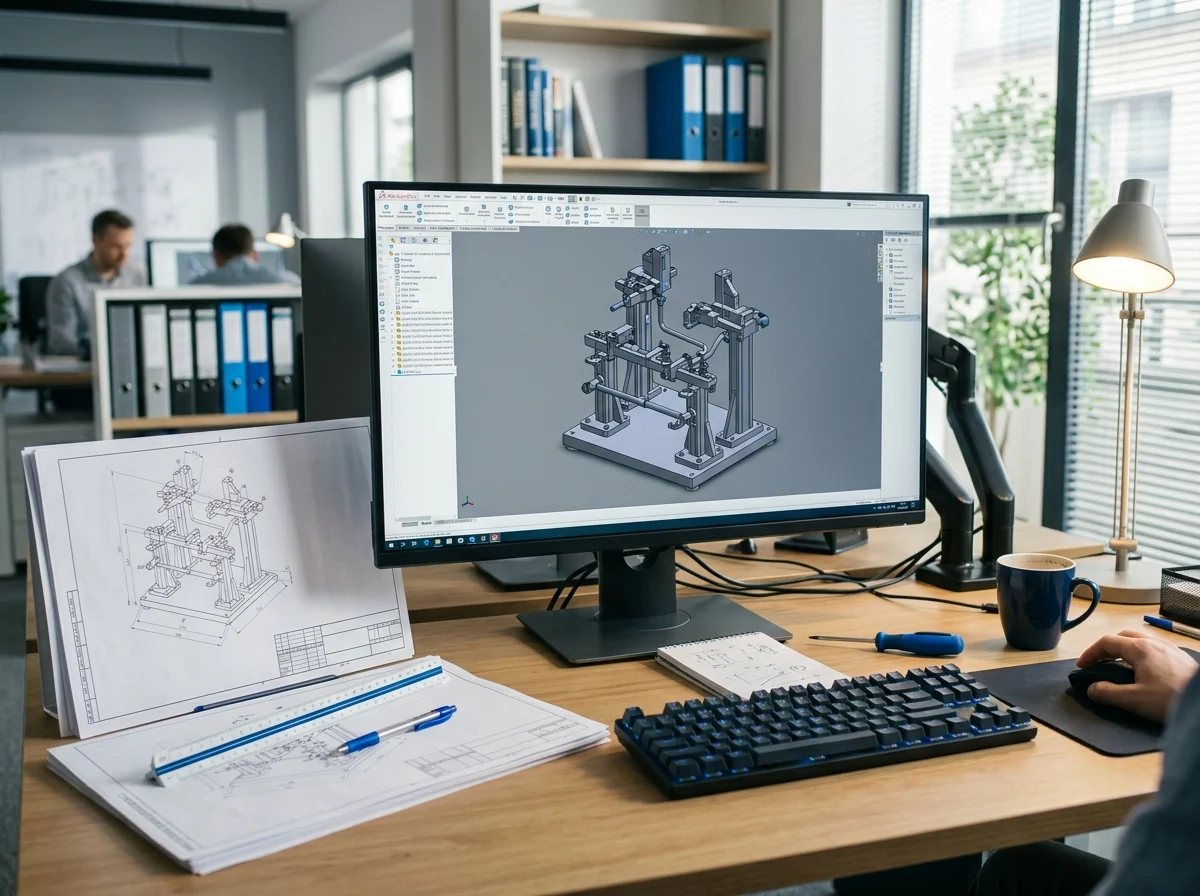 Engineer reviewing a fixture design in 3D CAD next to printed drawings